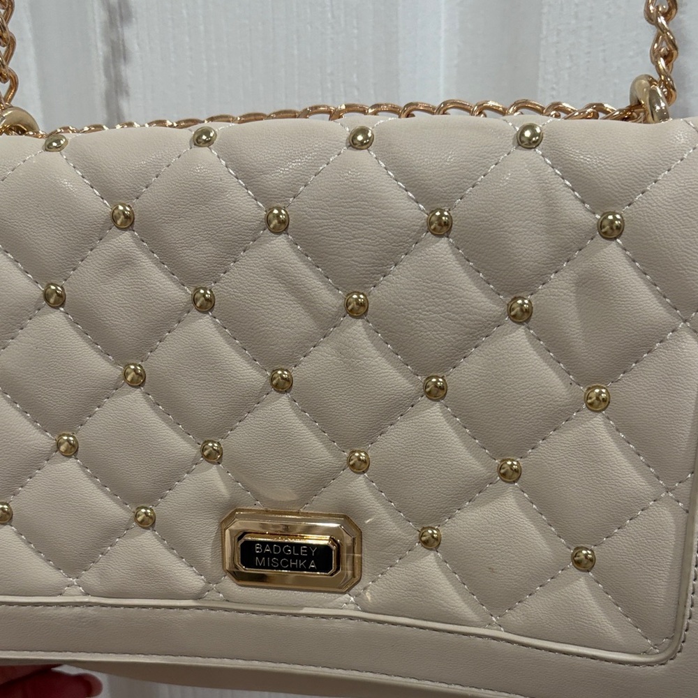 Badgley Mischka Ivory Quilted Bag with Gold Studs